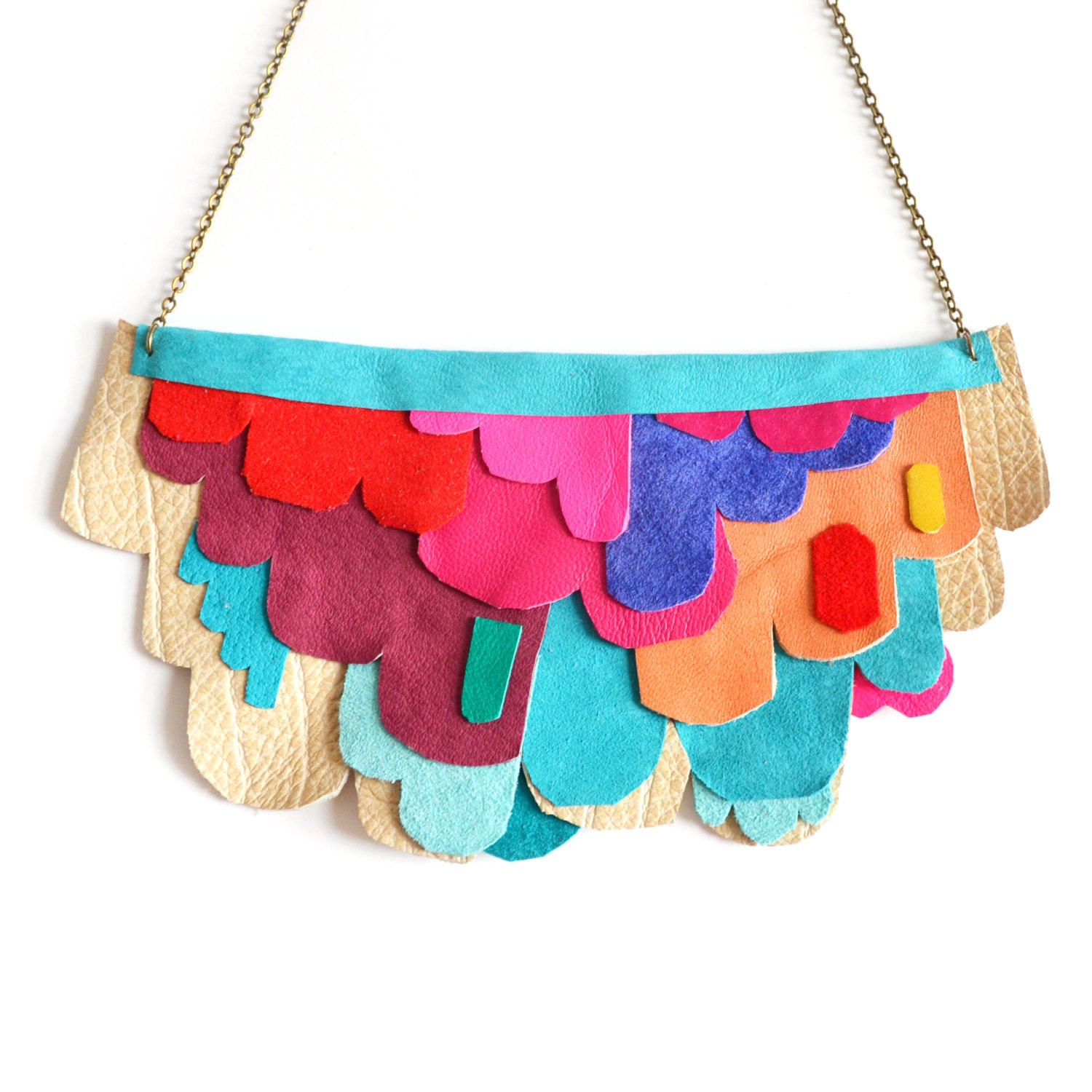 Neon Scalloped Necklace Color Block Leather Bib Necklace Geometric Jewelry