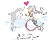 Smiley Dolphin dancing with Little Mermaid art print -  kids art, children wall art, kids room, nursery decor, happy home