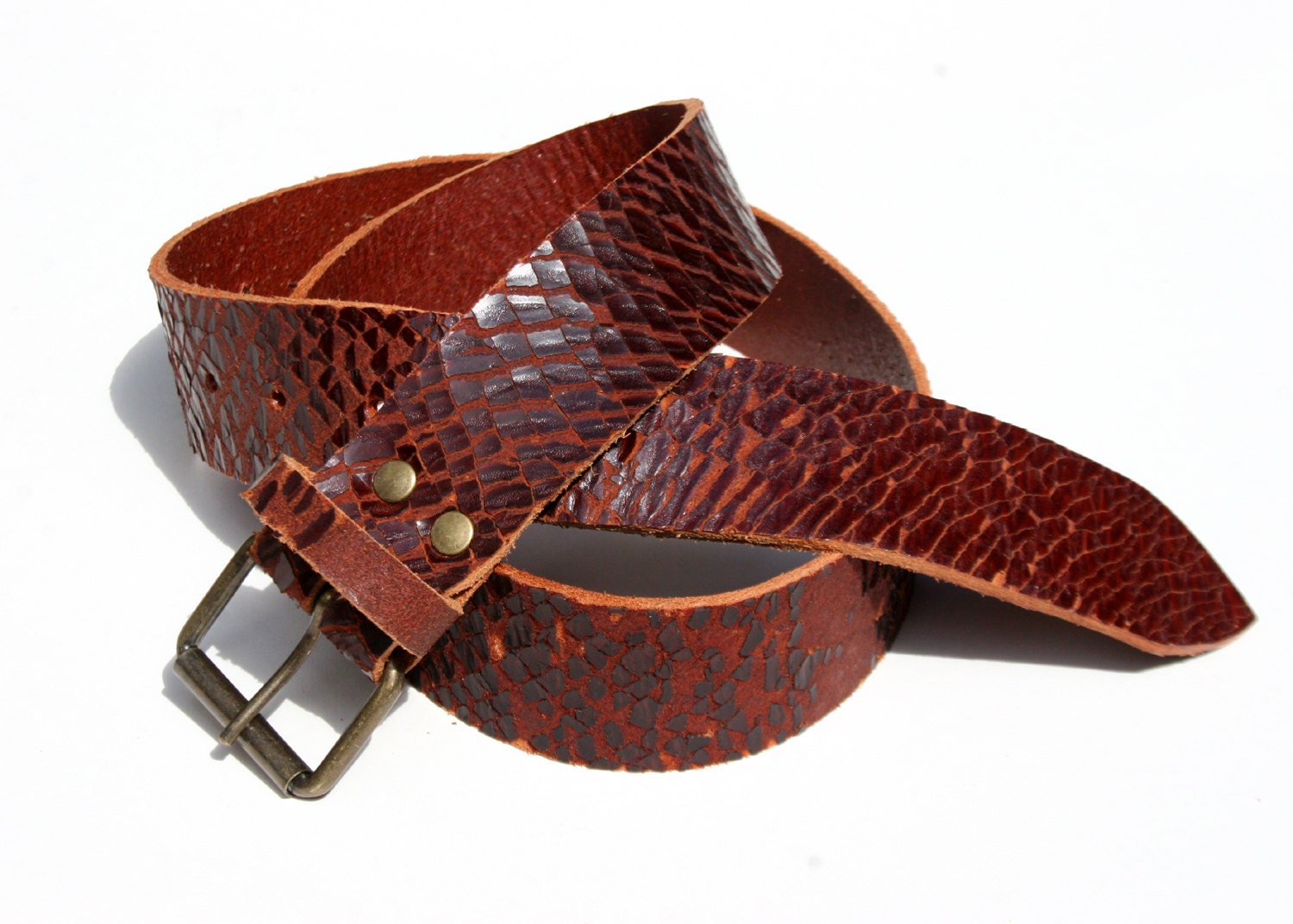 REUBEN Soft Vintaged Skinny Leather Veg Tan 3.5cm Belt: Russet Crackle