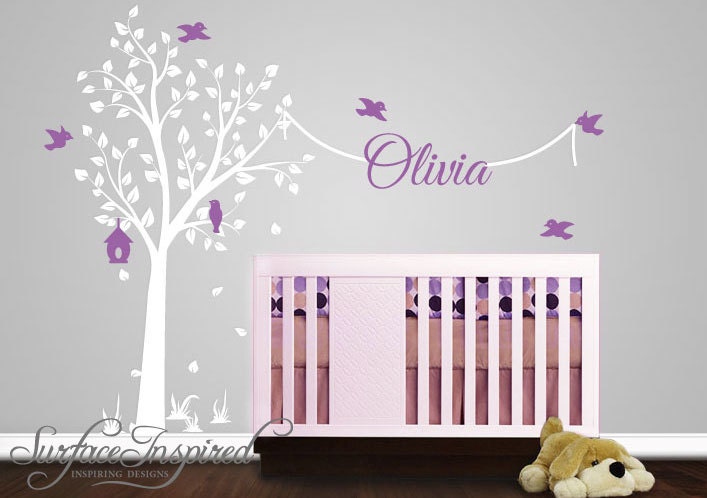 Wall decals nursery - Elegant  Tree Wall Decal with Birds and Custom Name  - 1013