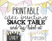Party Cake Bunting Printable Banner Set. Snack Table Tent Cards. Food Label Tags. DIY. Spring Chevron and Vintage Sheets.
