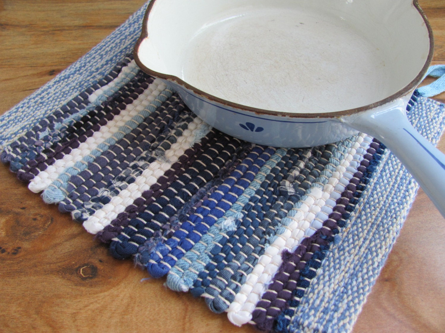 Hand Woven Kitchen Hot Mat, Pot Holder Blue & White Recycled Cotton Rag, Cottage, Cabin, Farmhouse Decor, Gourmet Foodie Gift
