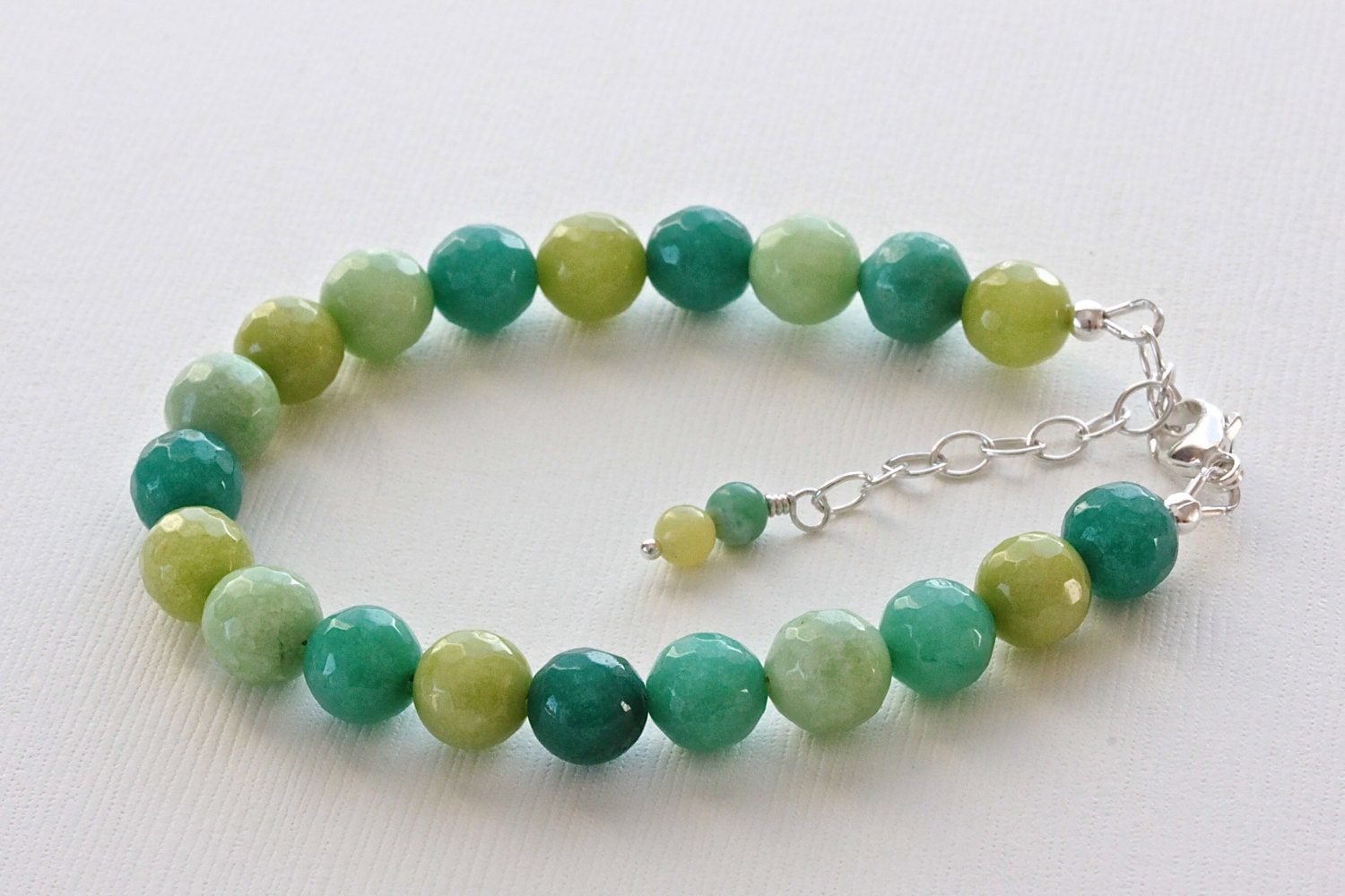 Green Jade Bracelet, Beaded Bracelet, Sterling Silver Jewelry