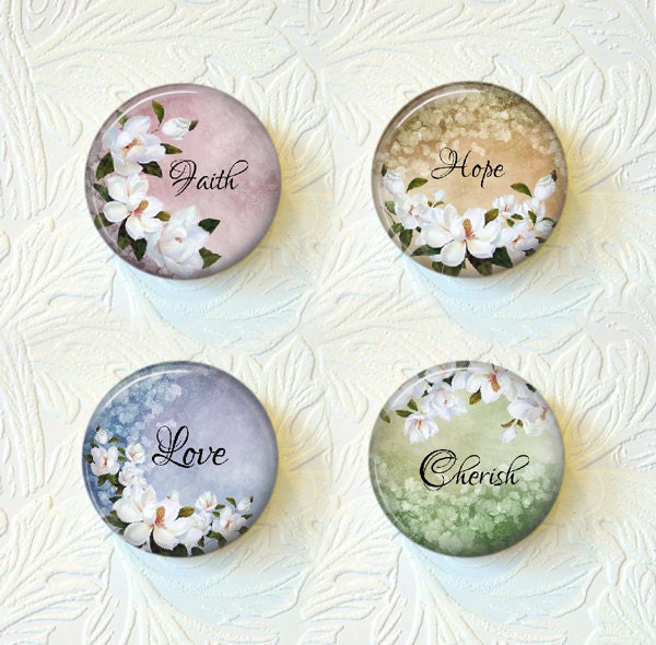 Magnet Set of 4 Faith Hope Love Cherish Floral Magnets  "Buy 3 get 1 Free"  034M