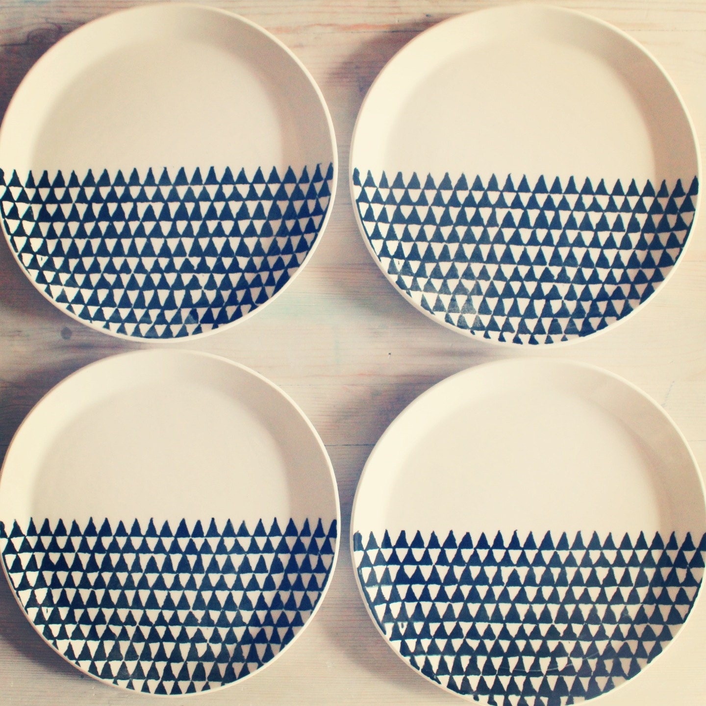 porcelain dinnerware 4 plates triangle screenprinted design.   MADE TO ORDER