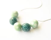Women's Jewelry - Lampwork Beaded Necklace, Teal, Aqua, Blue, White, Polka Dot, Stripes, Silver Plate or Sterling Silver