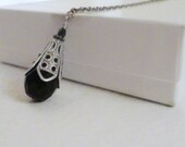 Black Necklace Czech Black Crystal Necklace Black Onyx Pendant Necklace Antique Silver Filigree Black Drop