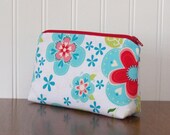 15% off entire shop - Coupon code 15OFF - Cosmetic Bag - Red and Aqua Flowers