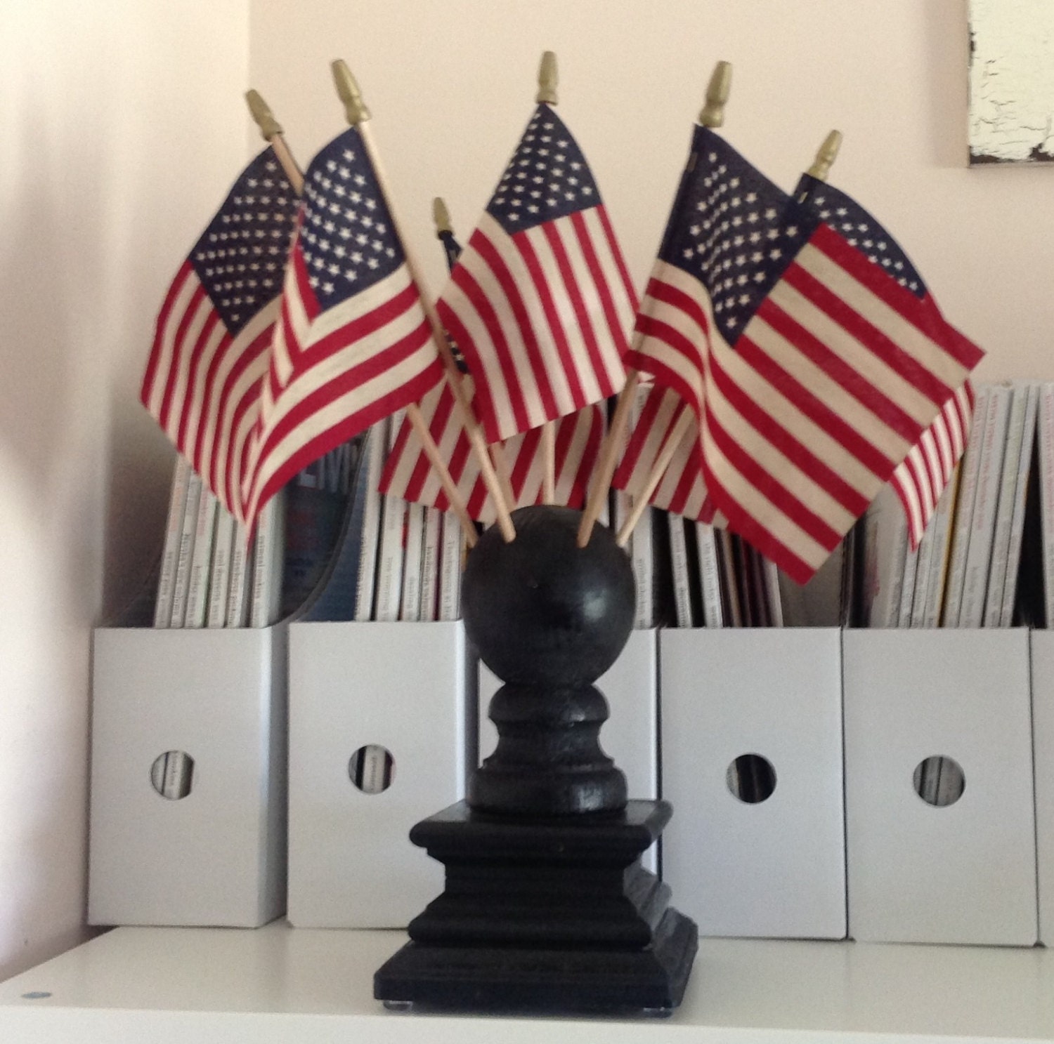 4th of July FLAG holder - BLACK 7 Flag Centerpiece w/ tea stained or reg. 1960 (50 star) flags