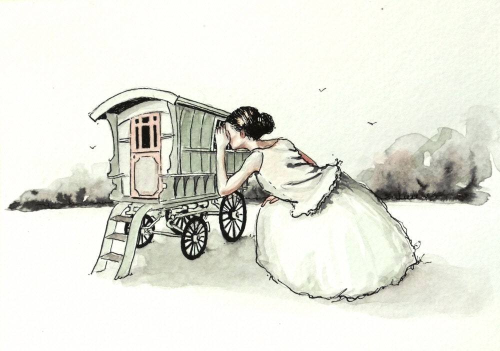 Peek" study-- signed (8x10)  Print of an Original Ink and Watercolor Painting by Liese Chavez
