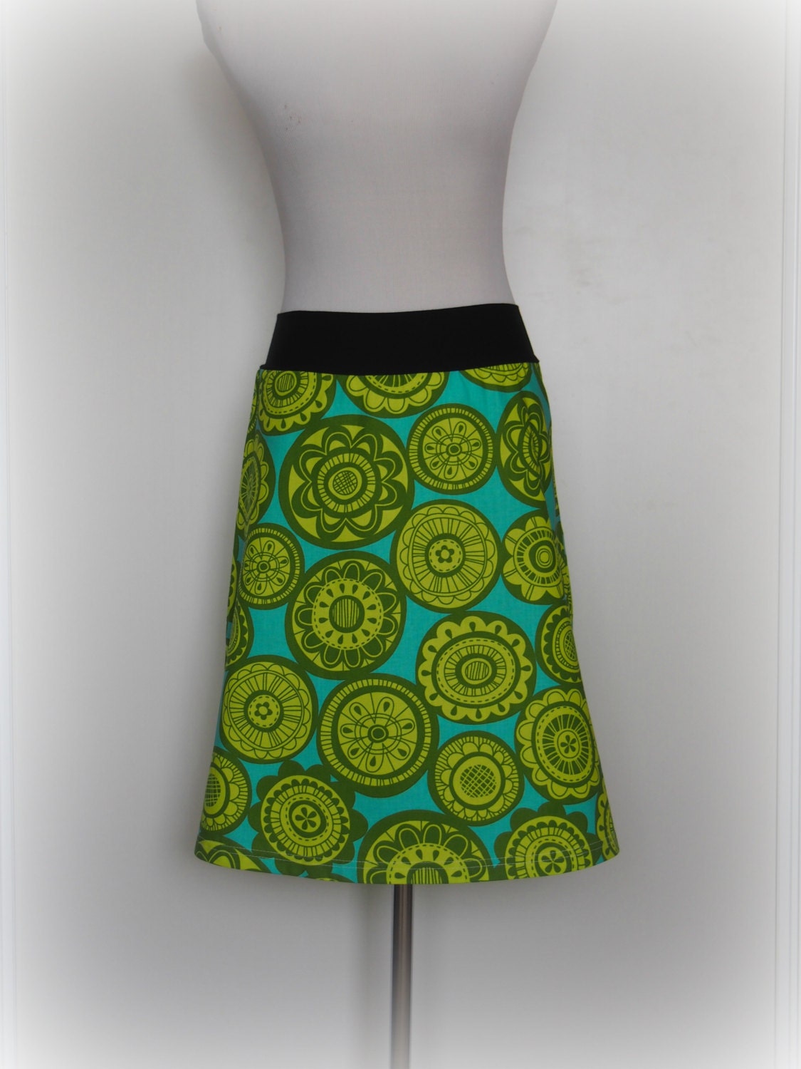 bright green retro circles print aline skirt from Wanderlust by Miss Fancypants - light weight 100% cotton