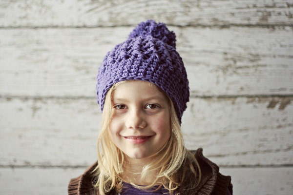 Purple Crochet Spring Hats for Children, Pom Pom Beanie, Hats for Girls, Crochet PomPom Hat, 2T to 4T, 5T to Preteen