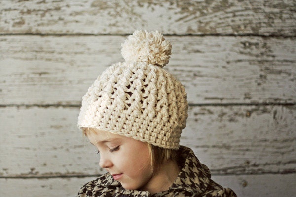 Ivory Hat for Girls, Pom Pom Beanie, Crochet Beanie Hat with Pom Pom, Girls Hats, Crochet Hat, Cotton, 5T to Preteen