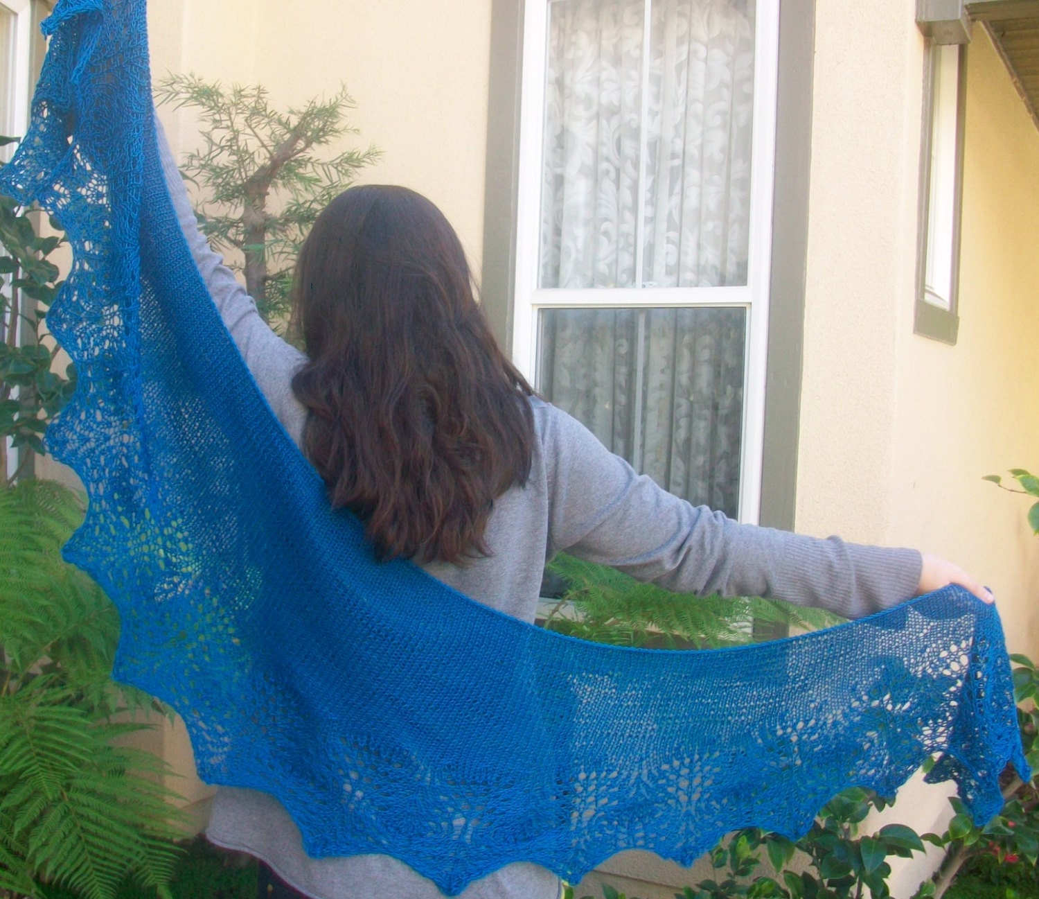 Teal Peacock Plume Crescent Shaped Hand Knitted Pima Cotton Lace Shawlette or Scarf