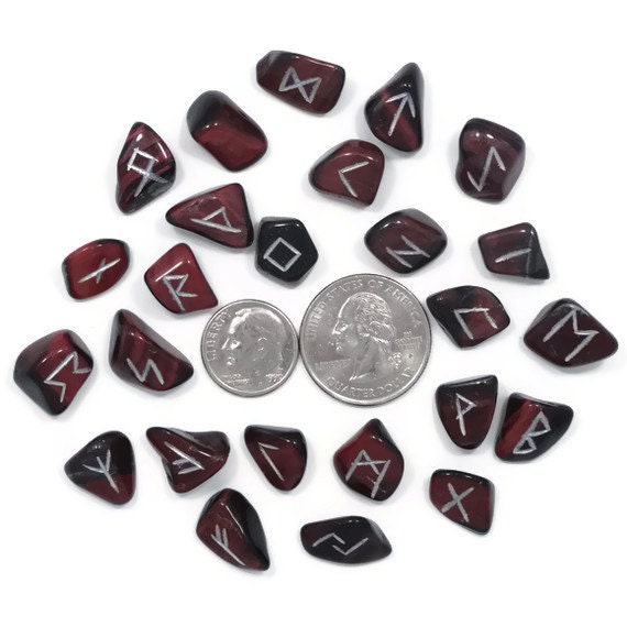 Mini Red Tigers Eye Rune Set Hand Carved Elder Futhark With Manual & Pouch