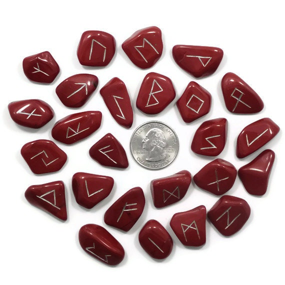 Small Red Jasper Rune Set Hand Carved Elder Futhark With Manual & Pouch