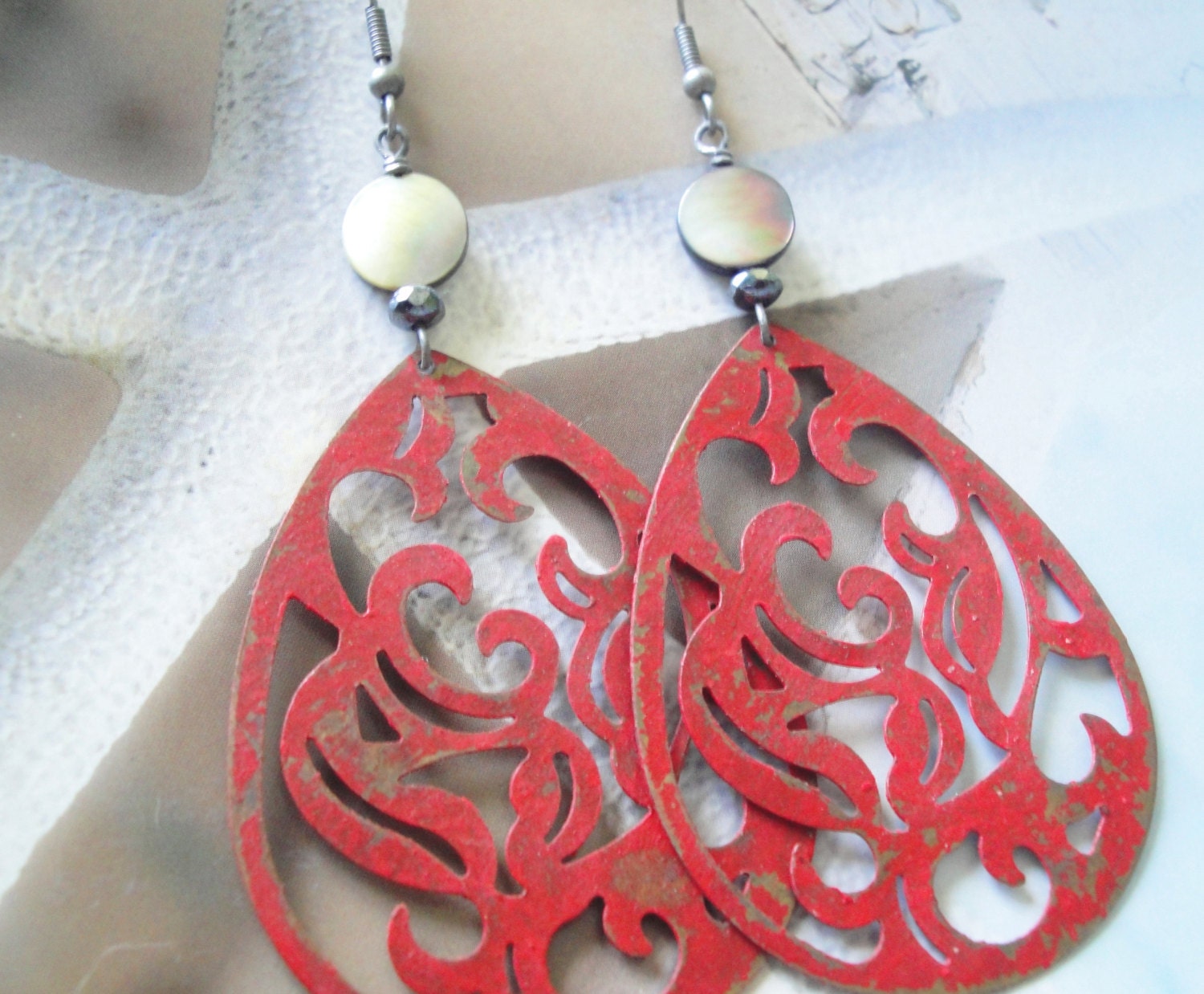 Hand Painted Red Metal Boho Chic Earrings