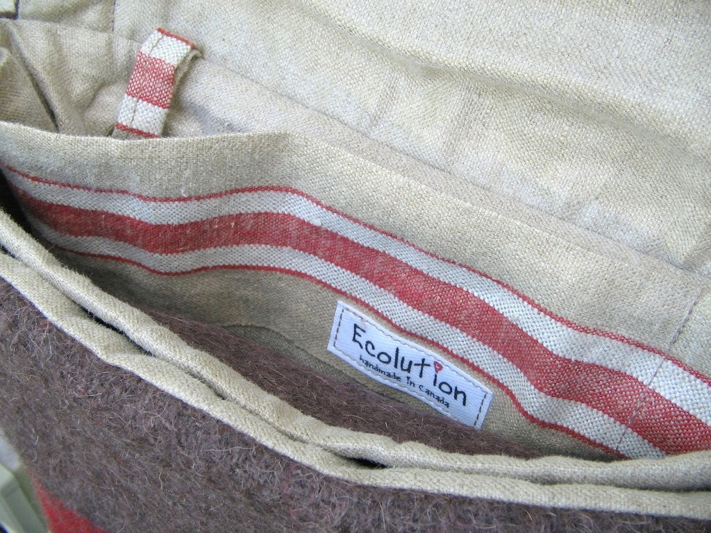 Swiss Army iPad Messenger Bag- Cross Body Travel Bag-Wool-Leather-Personalized-Taupe-Gray-Red stripe