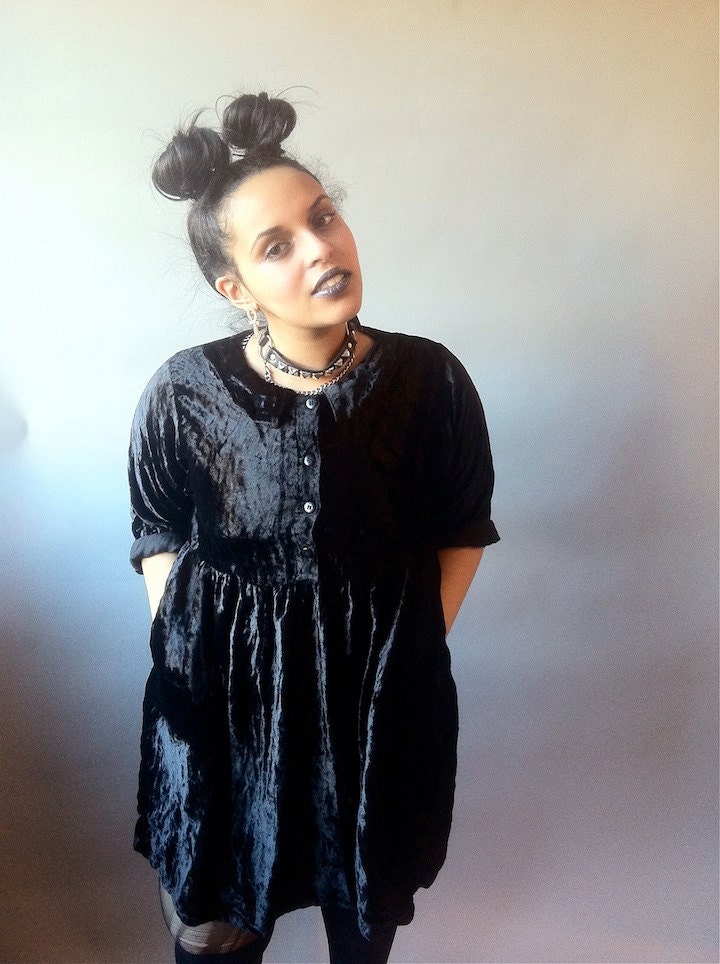 90's Black Velvet Babydoll dress Large