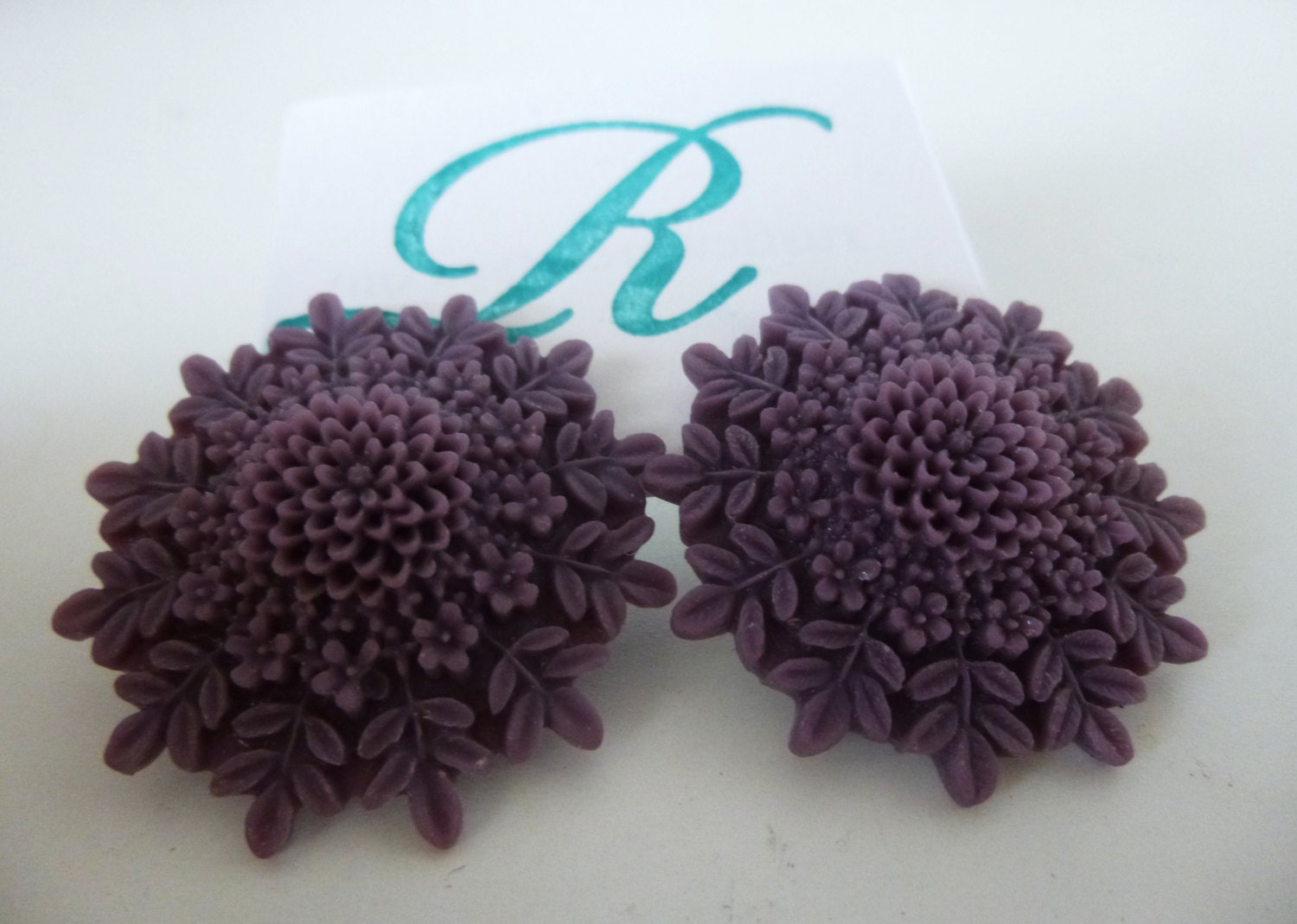 Sexy Giant Stud Floral Purple Cabochon  Earrings