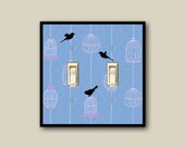 Cottage chic bird cage decor, shabby chic wall decor bird silhouette light switch plate, blue decor light switch cover DP-123-D1