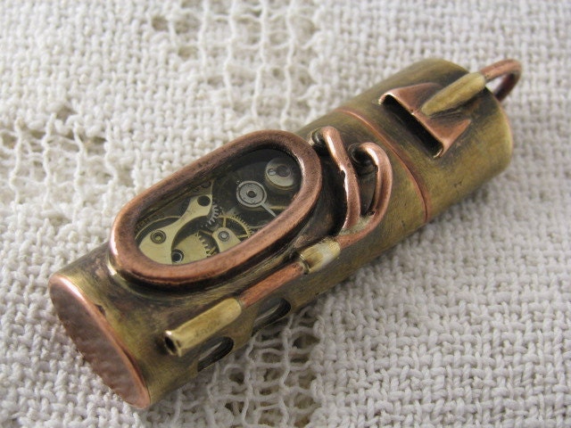Steampunk USB flash drive with glowing glass windows. 32 GIG. Copper, brass, watch parts and glass. Waterproof.