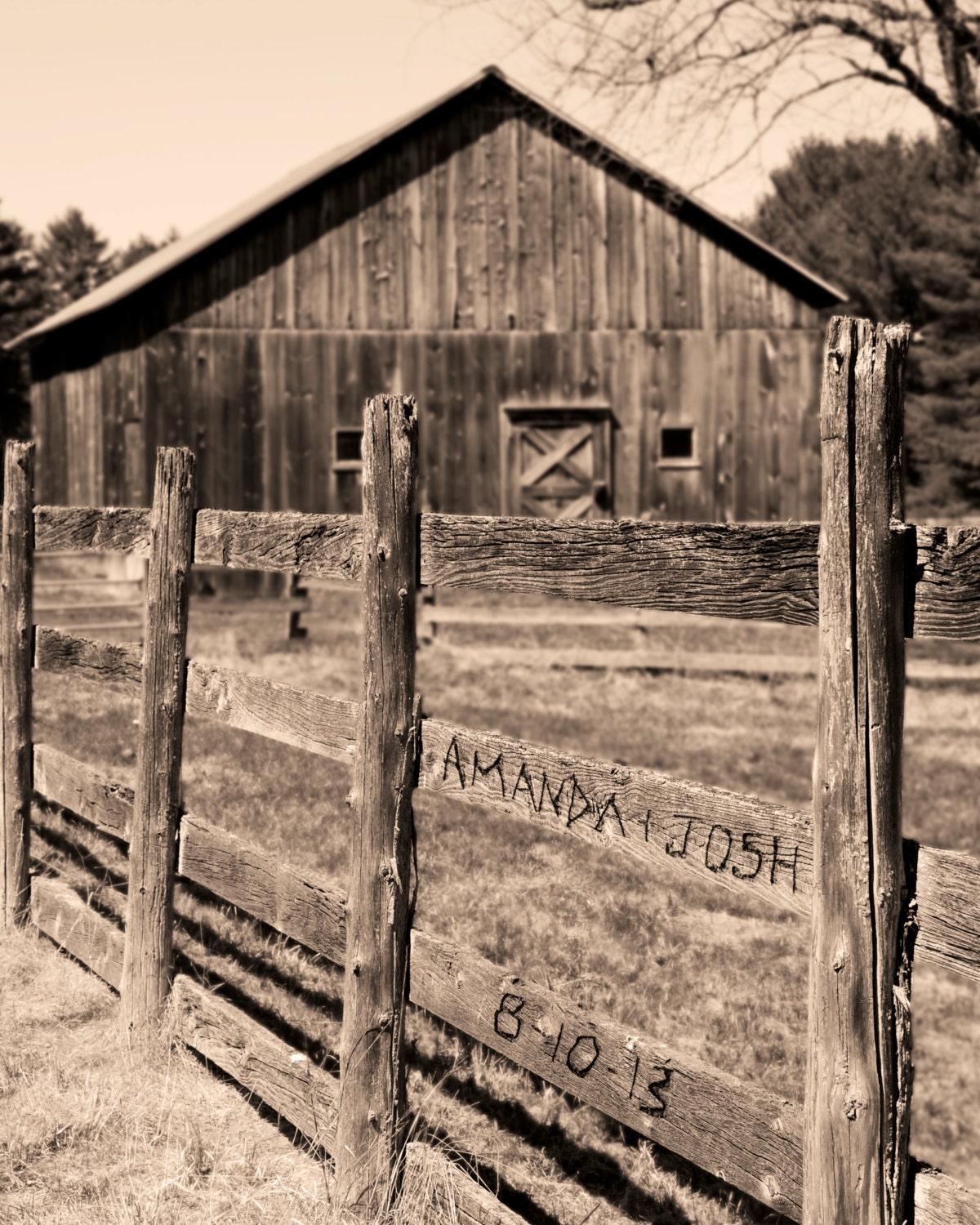 Barn Fence Personalized Print- Names YOU Choose Carved in Fence- Romantic Couples Gift for Wedding Anniversary Valentine's Day
