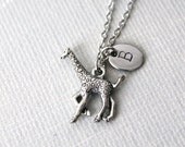 Giraffe Necklace. antique silver giraffe charm with personalized Initial tag, monogram