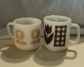 2 Brown Floral Milk Glass Coffee Mugs  Federal