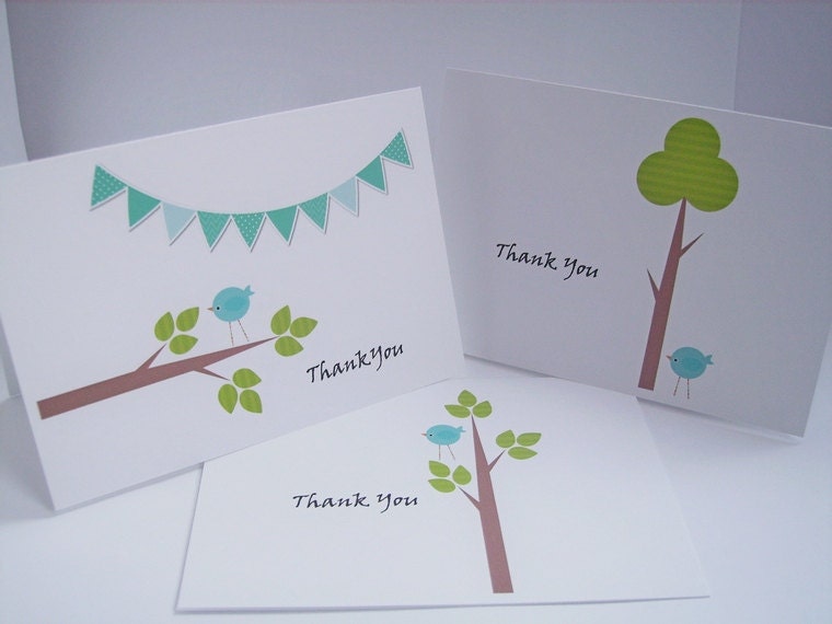 Baby Shower Thank You Cards - Blue Baby Birds Modern Trees, Baby Boy Neutral Baby Shower, Woodland Earthy Blue Green Brown