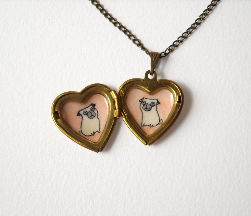 Pugs Heart Locket - Heart Locket Necklace with Pug Dogs - Pet Lovers Jewelry