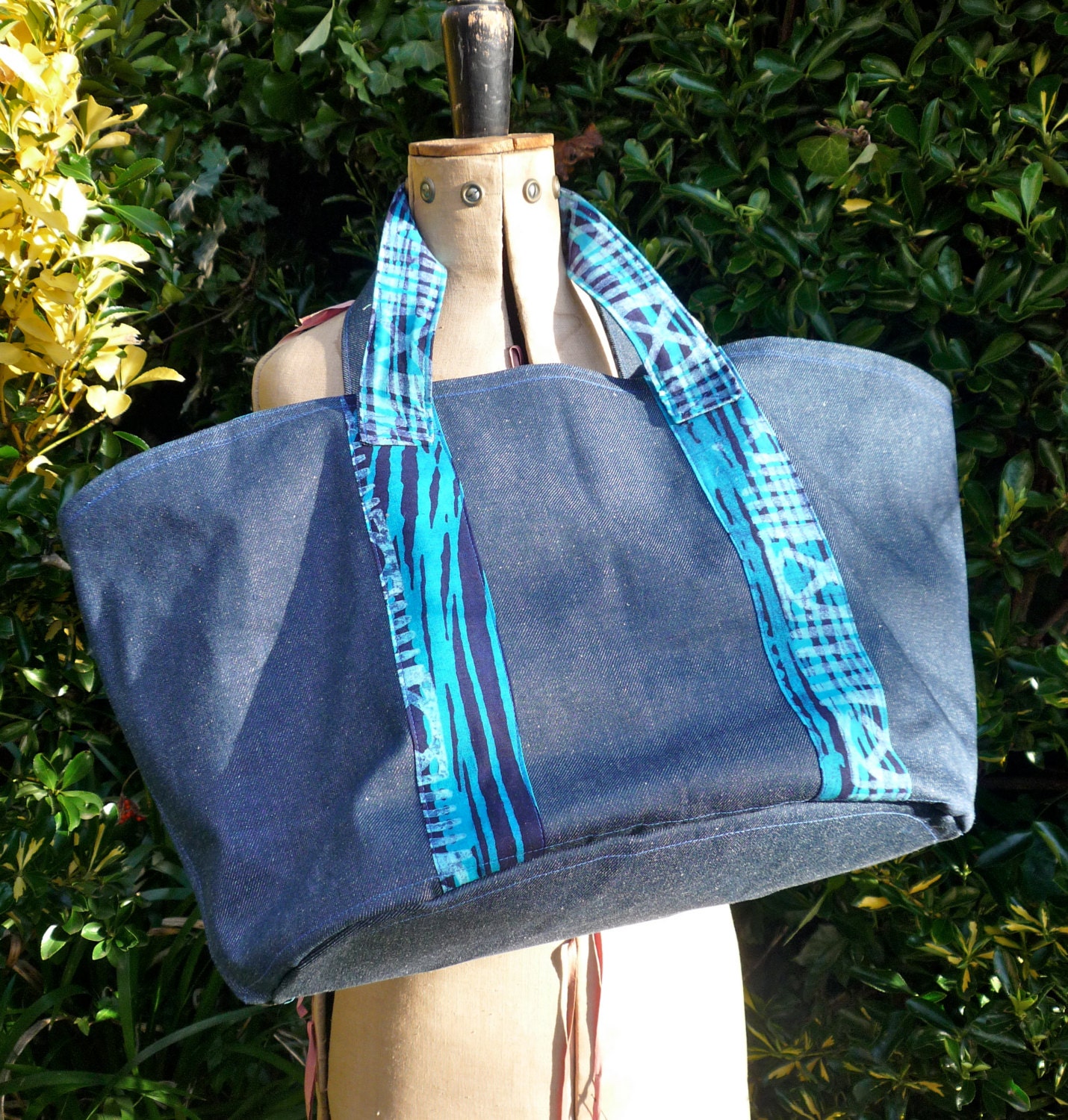 Denim and African cotton batik Weekend Bag.