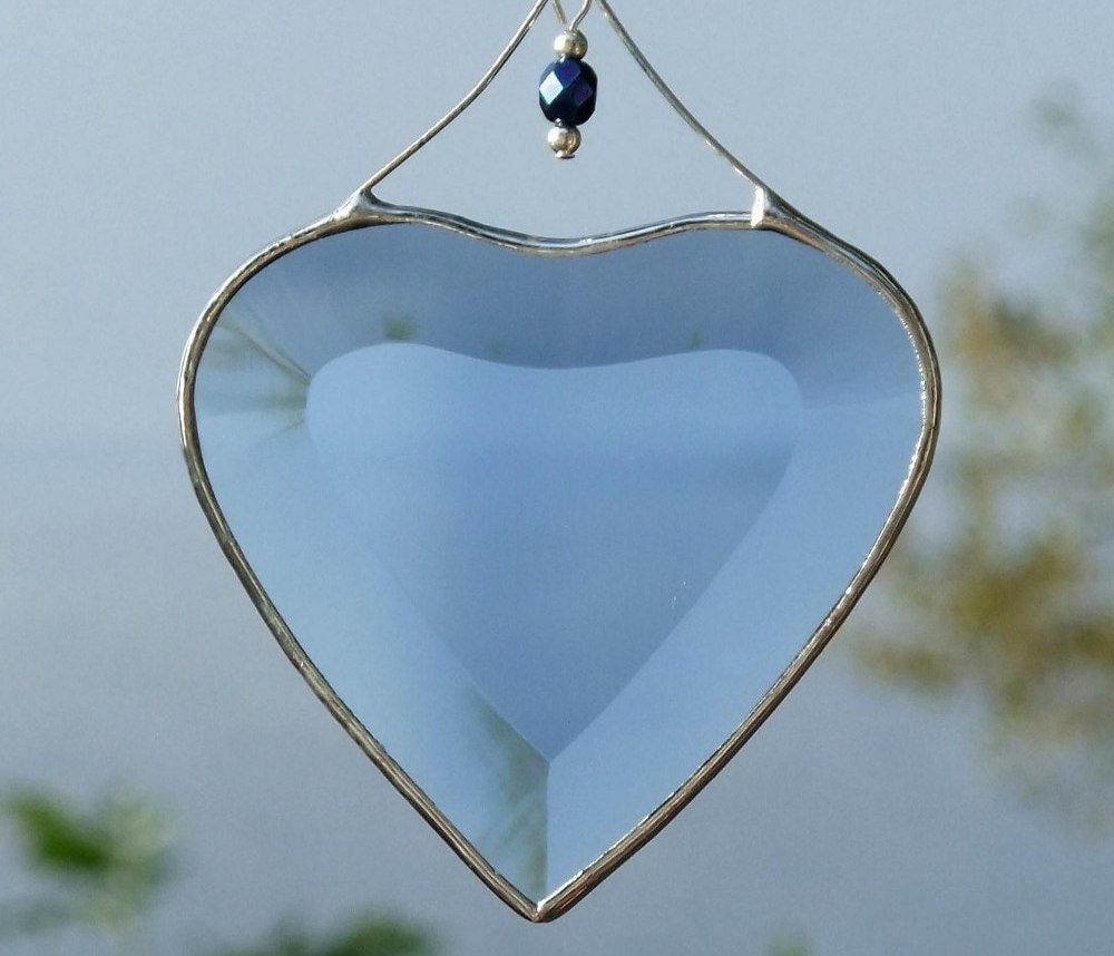 Blue Beveled Stained Glass Heart Suncatcher