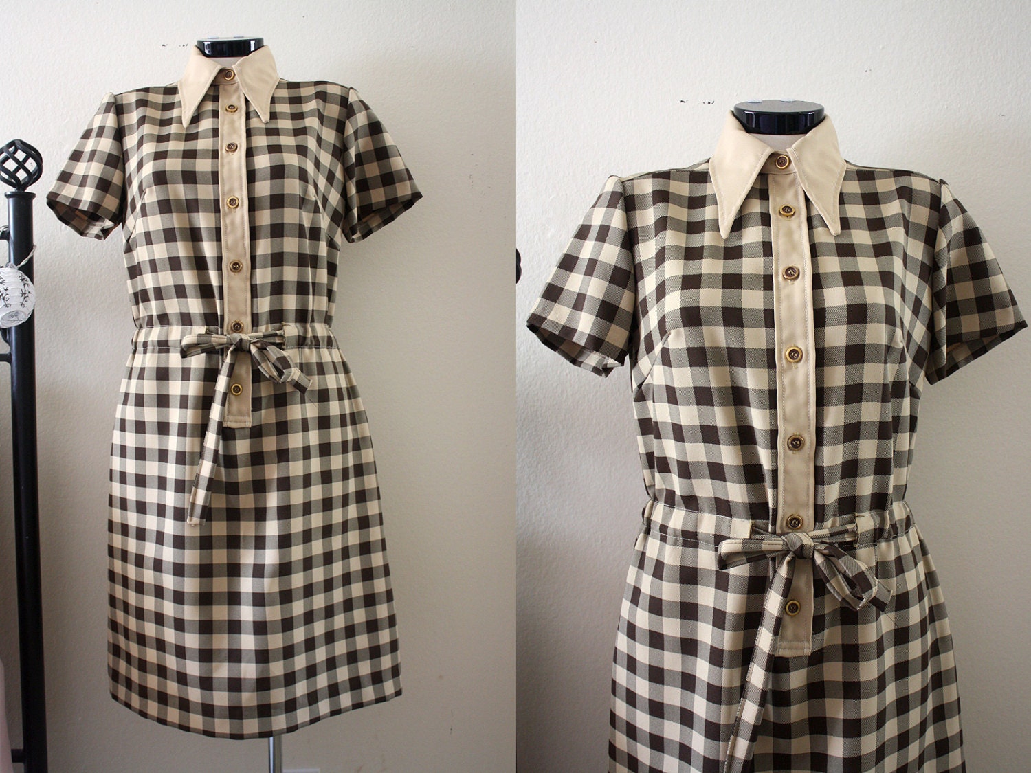1960's vintage shirt dress // Country fair // brown and beige checkered print