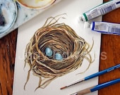 Birds Nest with two eggs - Original Watercolor Painting