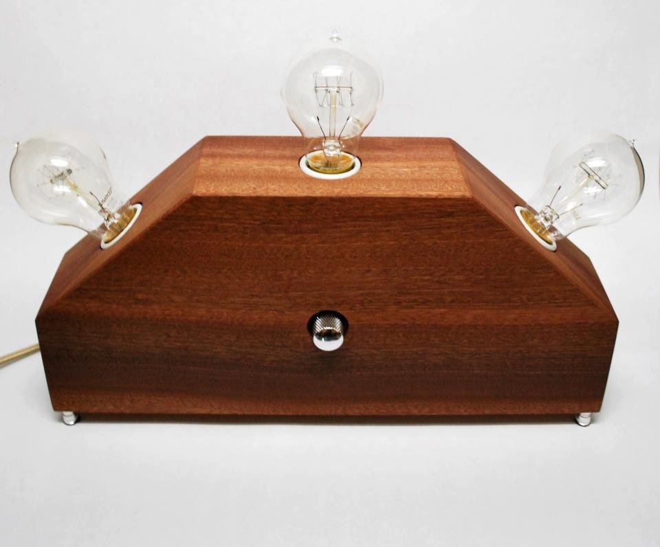 The Menlo Park Lamp- Triple Edison's in Sapele Wood w/ Full Range Dimmer. Modern Table or Desk Lamp.