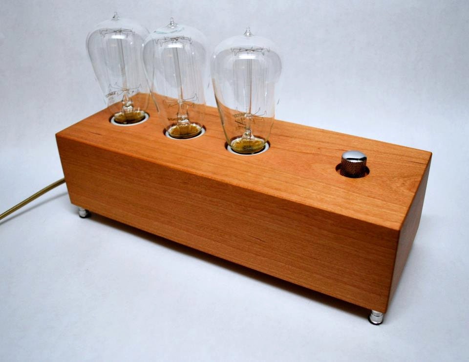 The Menlo Park Lamp- Triple Edison's in Cherry Wood w/ Full Range Dimmer (Wide Edition). Modern Table or Desk Lamp.