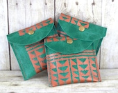 Tribal Print Leather Pouch, Flap Wallet, Aztec Leather Coin Purse, Mermaid Green and Copper