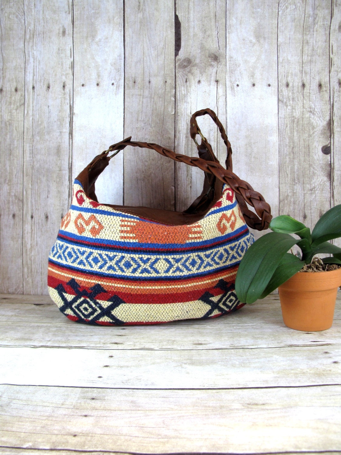 Kilim Bag, Brown Leather Hobo, Aztec Purse, Navajo Rug Bag