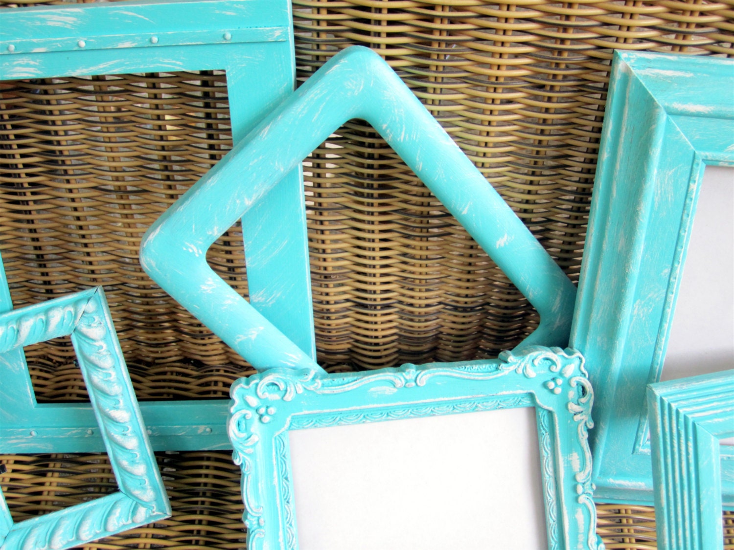 Aqua PICTURE FRAME SET/5 piece/Shabby Cottage/Shabby Chic/Wedding/Beach Decor/Wall Collection