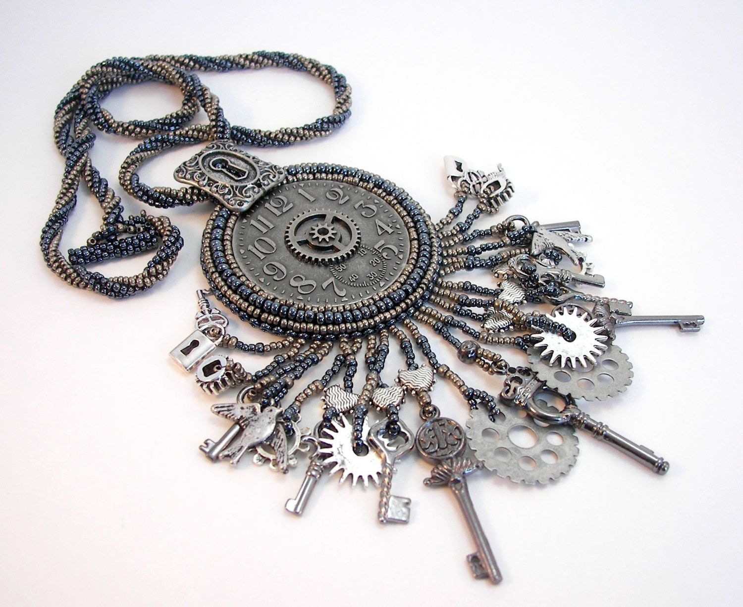 Steampunk Style Silver Black Clock Necklace