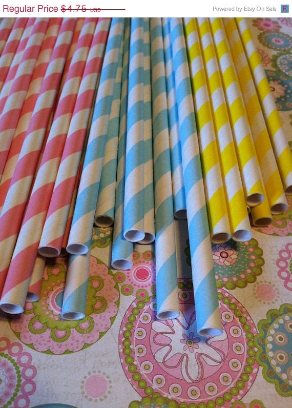 ON SALE NOW 30 Light Blue Yellow and Light Pink Stripe Paper Straws mix... w/ Diy Blank Printables, Retro, Vintage Inspired, Biodegradable
