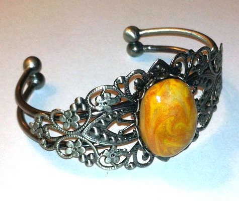 Merlin Amulet Bracelet - Magic Sorcery Wizard - Adjustable Yellow Cuff - Polymer Clay - Vicotiran Gothic - Handmade - Gifts Under 15, 20, 2
