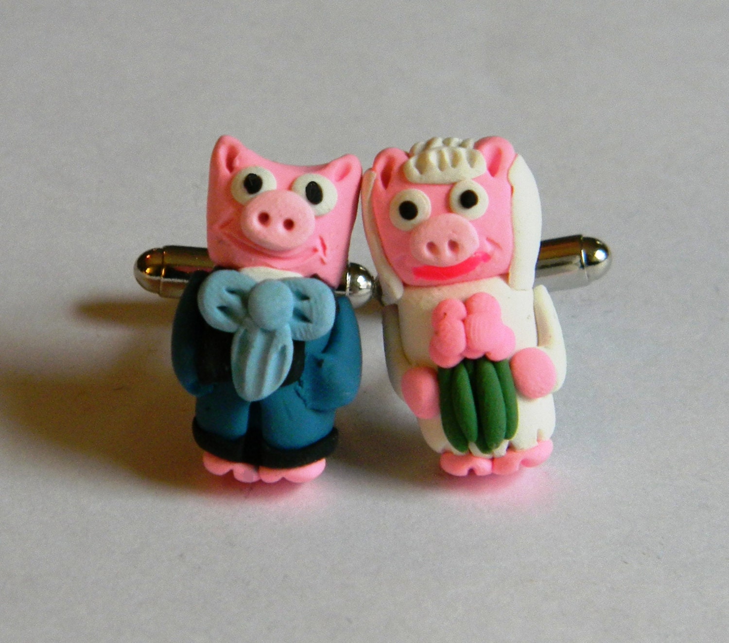 Lisa Simpson Wedding Themed Cufflinks - Handmade - Polymer Clay Pig - Animals - Bride and Groom - Gifts Under 25, 50