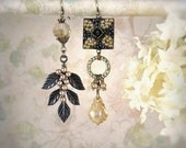 The Beaded Garden - Asymmetric Asymmetrical Mismatch Assemblage Earrings, Mosaic, Champagne Black, Unique Beaded, Leaf Leaves Woodland Bride