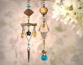 Ancestral Memory - Asymmetric Mismatch Earrings, Rustic Tribal Ethnic, Unique Artistic Turquoise Citrine Earrings, Bone, Nut, Antique Brass