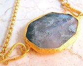 Green Blue Bezel Set Large Moss Agate Gold Necklace, Turkish Vermeil Oversized Pendant, Statement Piece, One of a Kind, Rustic Rock Jewelry