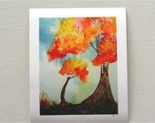 two trees watercolor print, mother and child, nursery art, orange, blue, autumn, fall, giclee print, storybook style