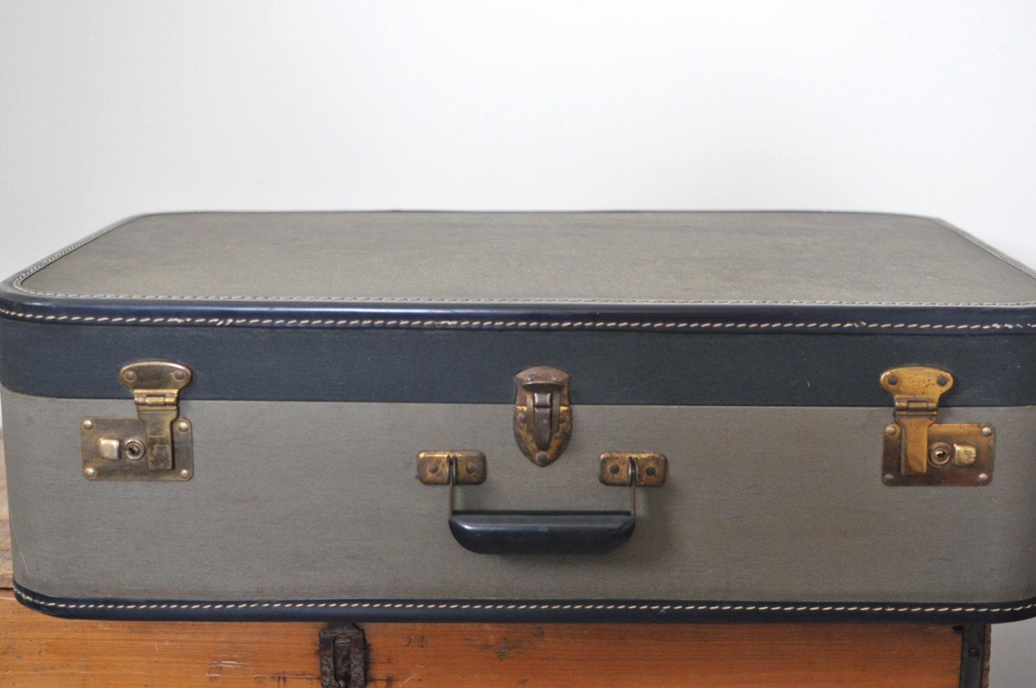 Vintage Two Tone Navy and Khaki Hardside Suitcase
