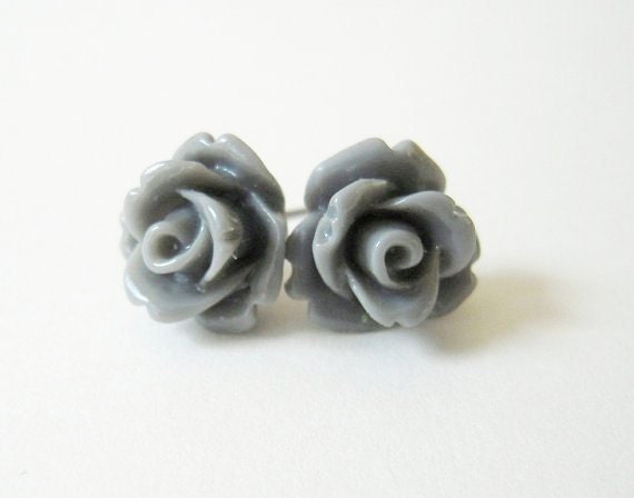 Gray Rose Stud Earrings- Surgical Steel Post Earrings- 10mm